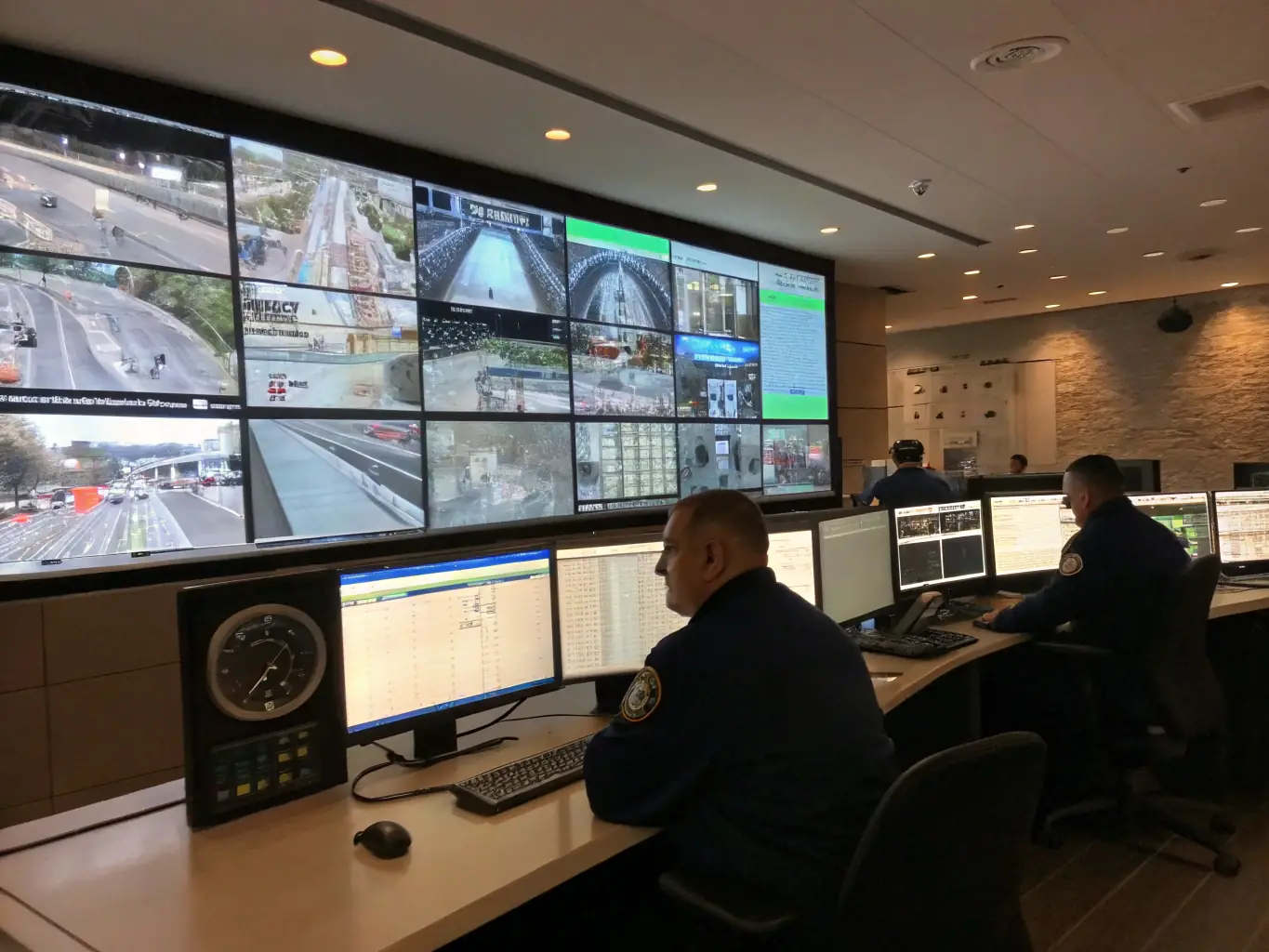 A central monitoring station with multiple screens displaying live feeds from various home security cameras, highlighting the vigilance of 24/7 alarm monitoring.