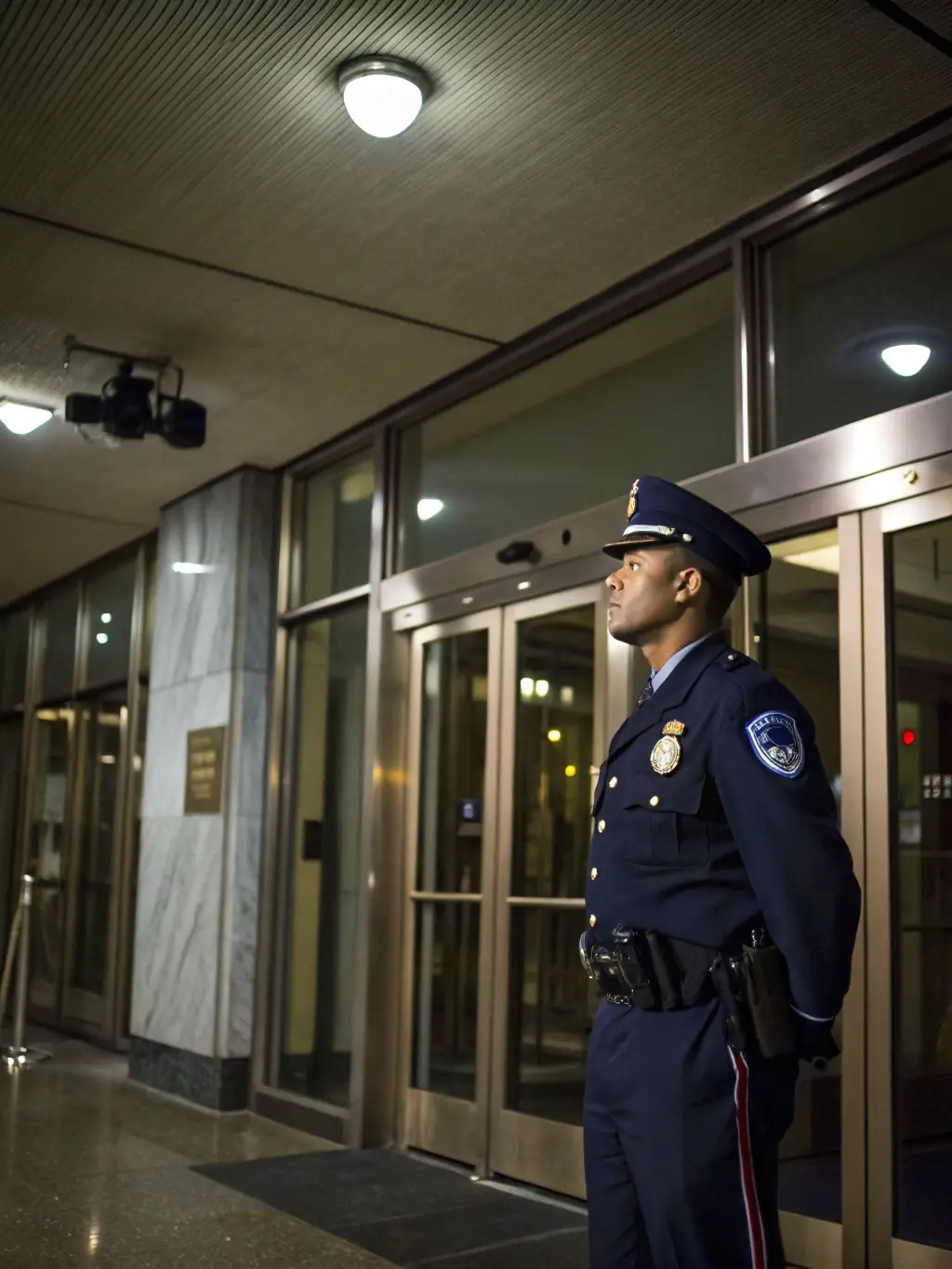 A security guard standing watch in front of a modern office building at night, ensuring property protection and deterring unauthorized access.