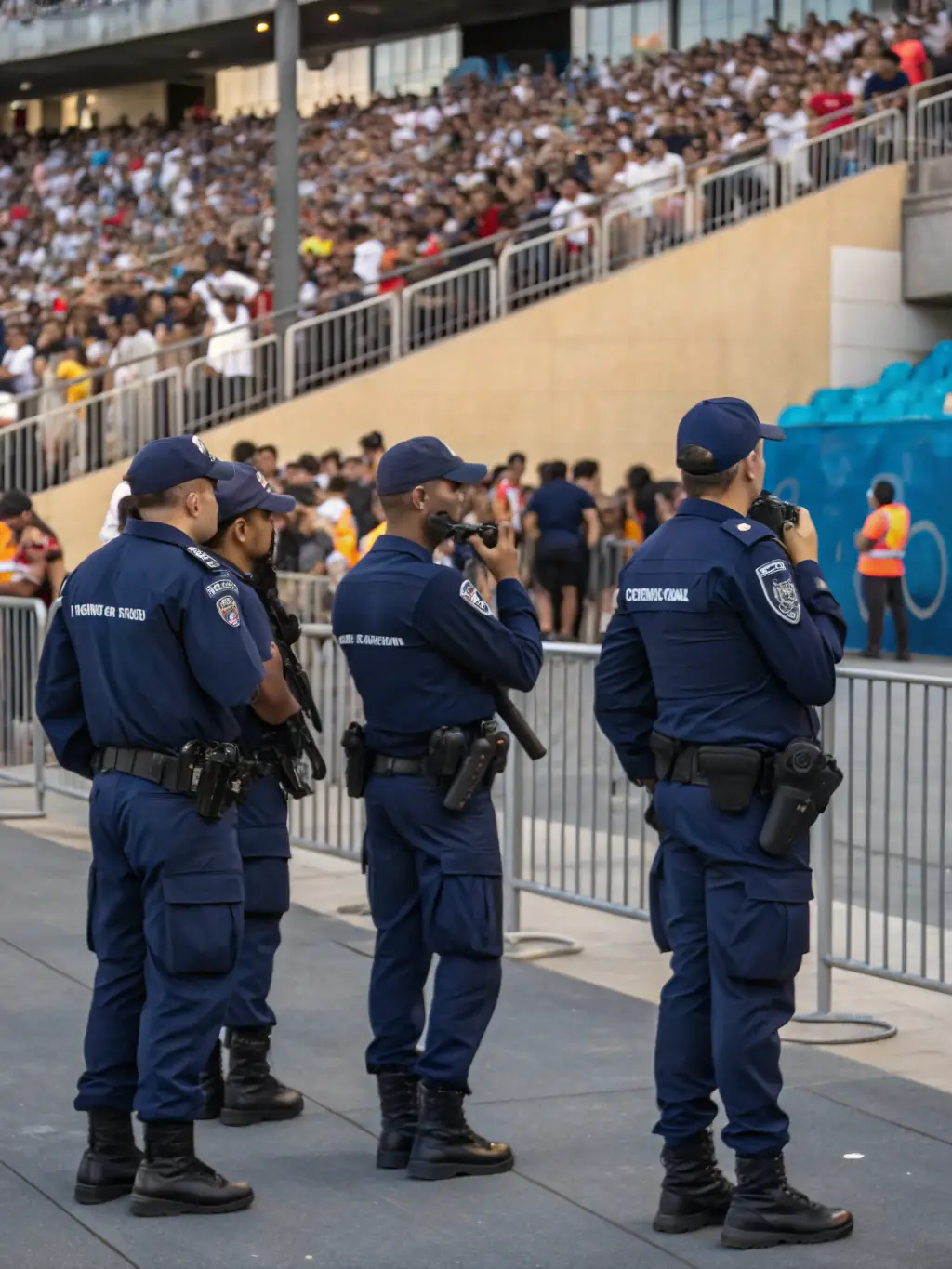 Security staff managing crowd control at a large outdoor event, with visible uniforms and communication devices, highlighting Solid Security Pro's Event Security service.