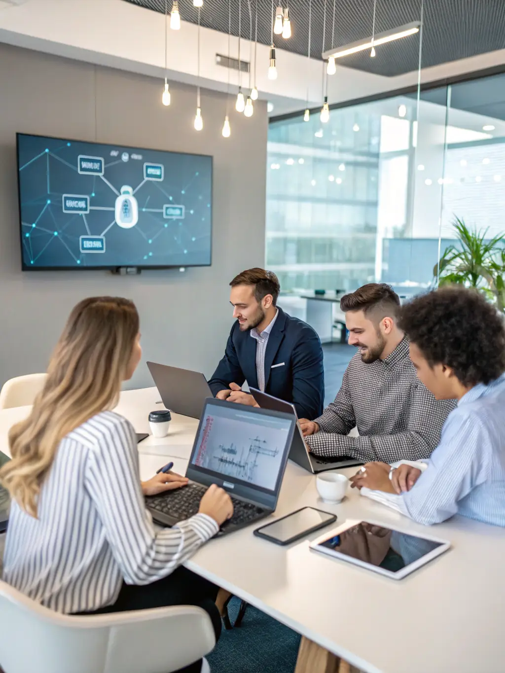 A diverse team of security professionals in navy blue uniforms collaborating on a security plan in a modern office setting, representing teamwork and professional development at Solid Security Pro.