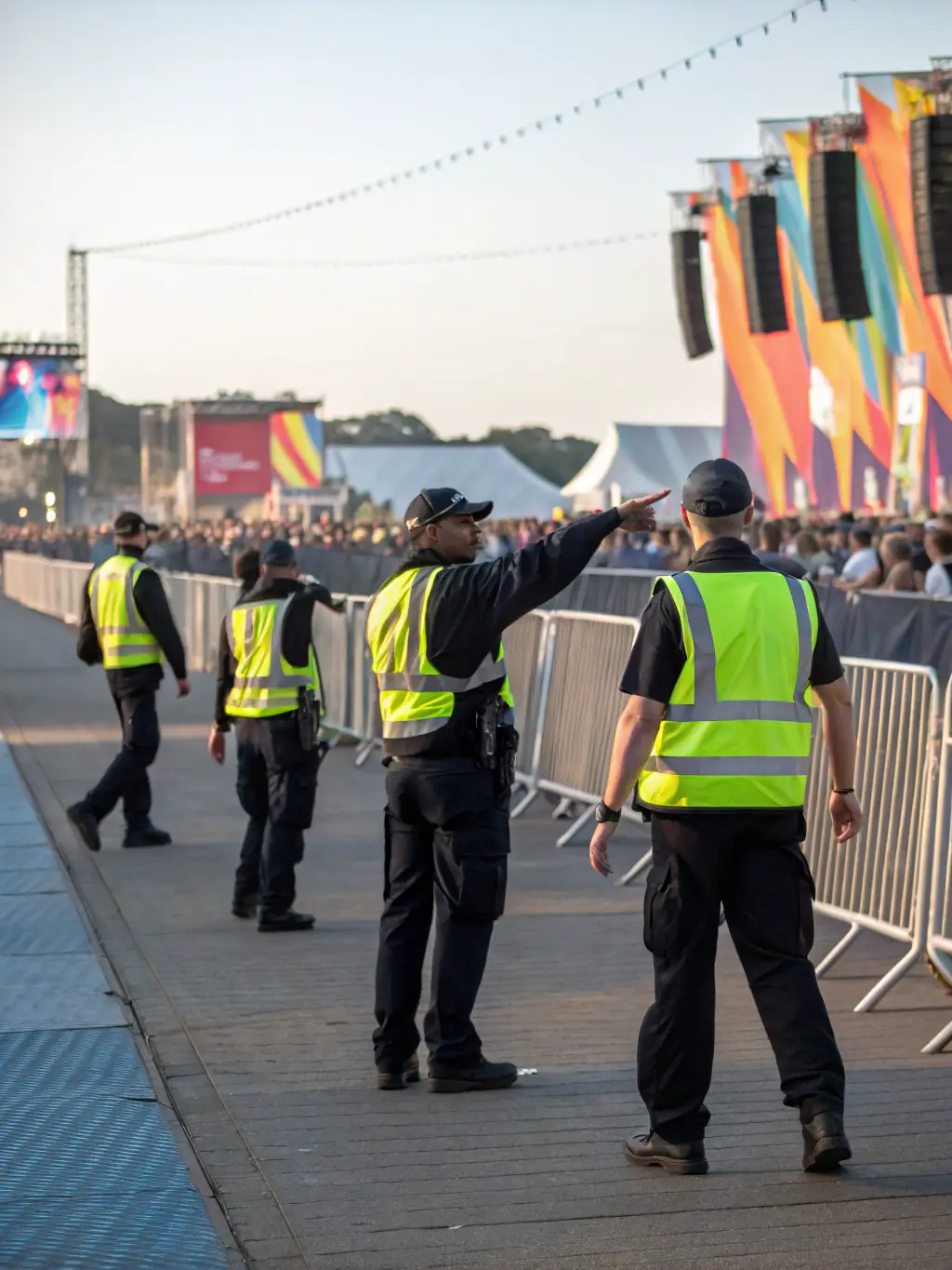 Professional security personnel managing crowd control at a large outdoor event, ensuring safety and smooth operations.