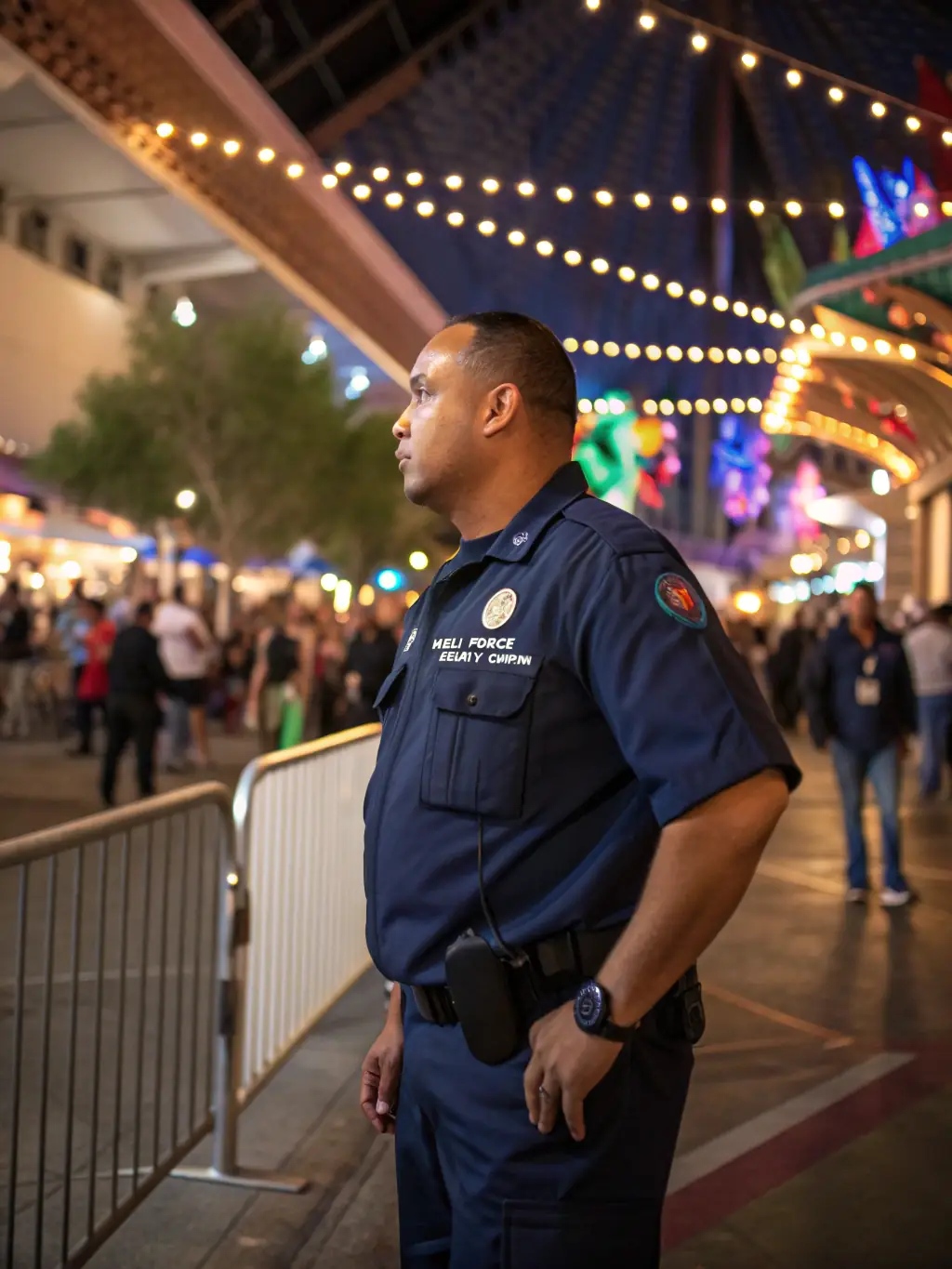 A security guard from Solid Security Pro smiling and interacting positively with clients at a corporate event, showcasing the company's focus on customer service and positive interactions.
