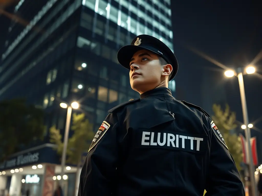 A security guard standing watch in front of a modern office building at night, ensuring the safety and security of the premises.