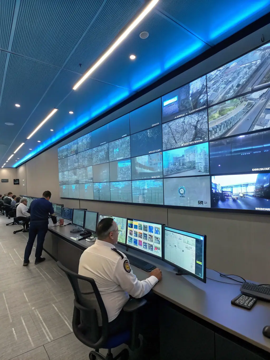 A high-tech security control room with multiple screens displaying live surveillance feeds, showcasing 24/7 monitoring capabilities.