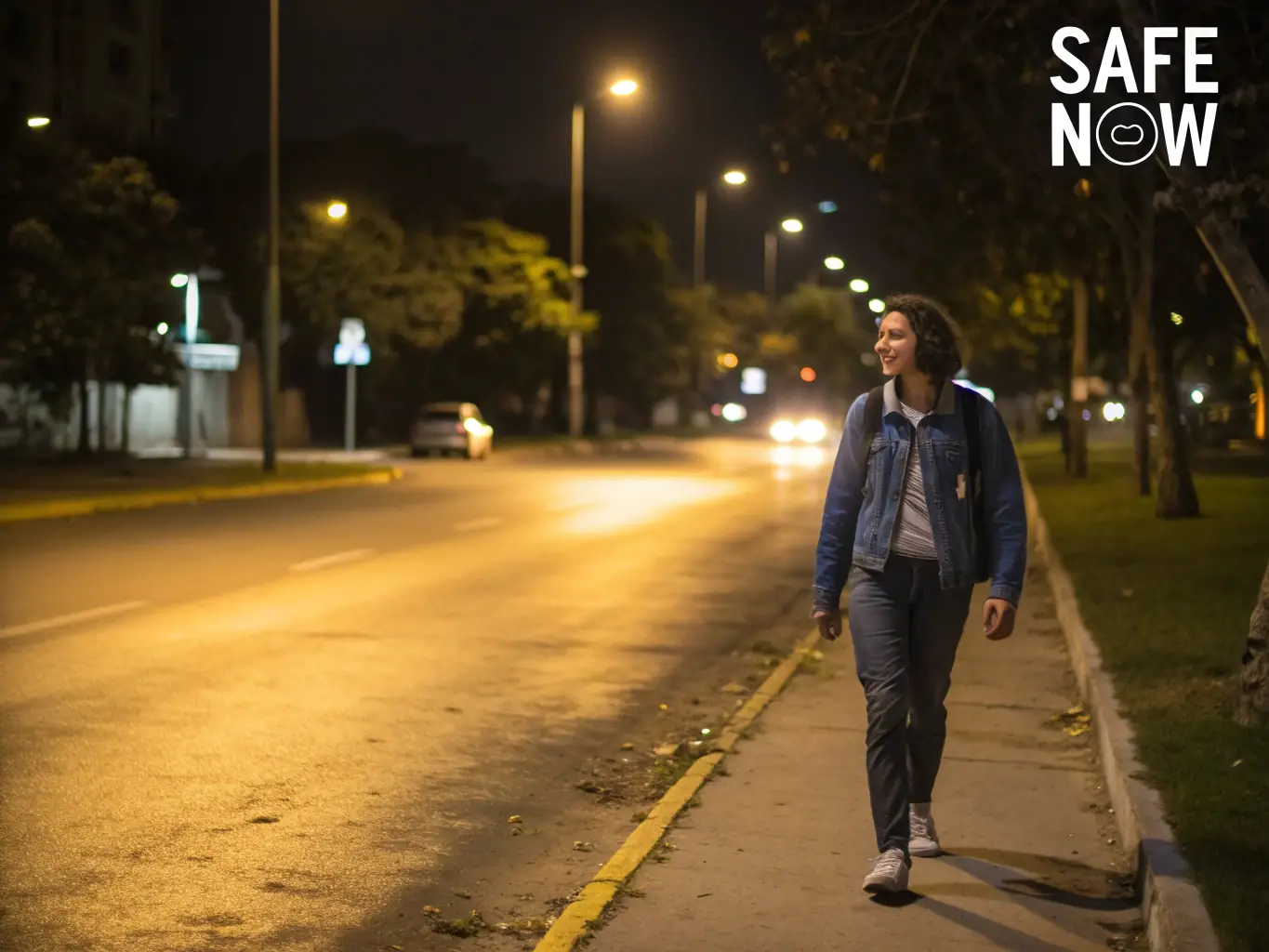 A person using a personal safety device (panic button) in a stressful situation, such as walking alone at night, emphasizing the importance of personal security.