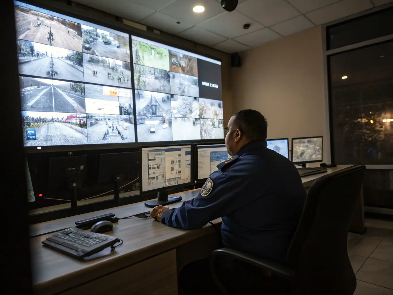 A control room operator monitoring multiple surveillance feeds, ensuring comprehensive coverage and rapid response to any security incidents.