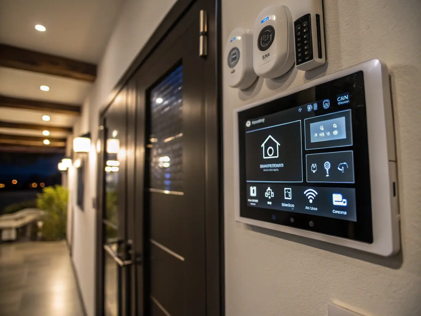A modern home security system panel with a touch screen display showing real-time security status, set against the backdrop of a cozy living room at dusk.