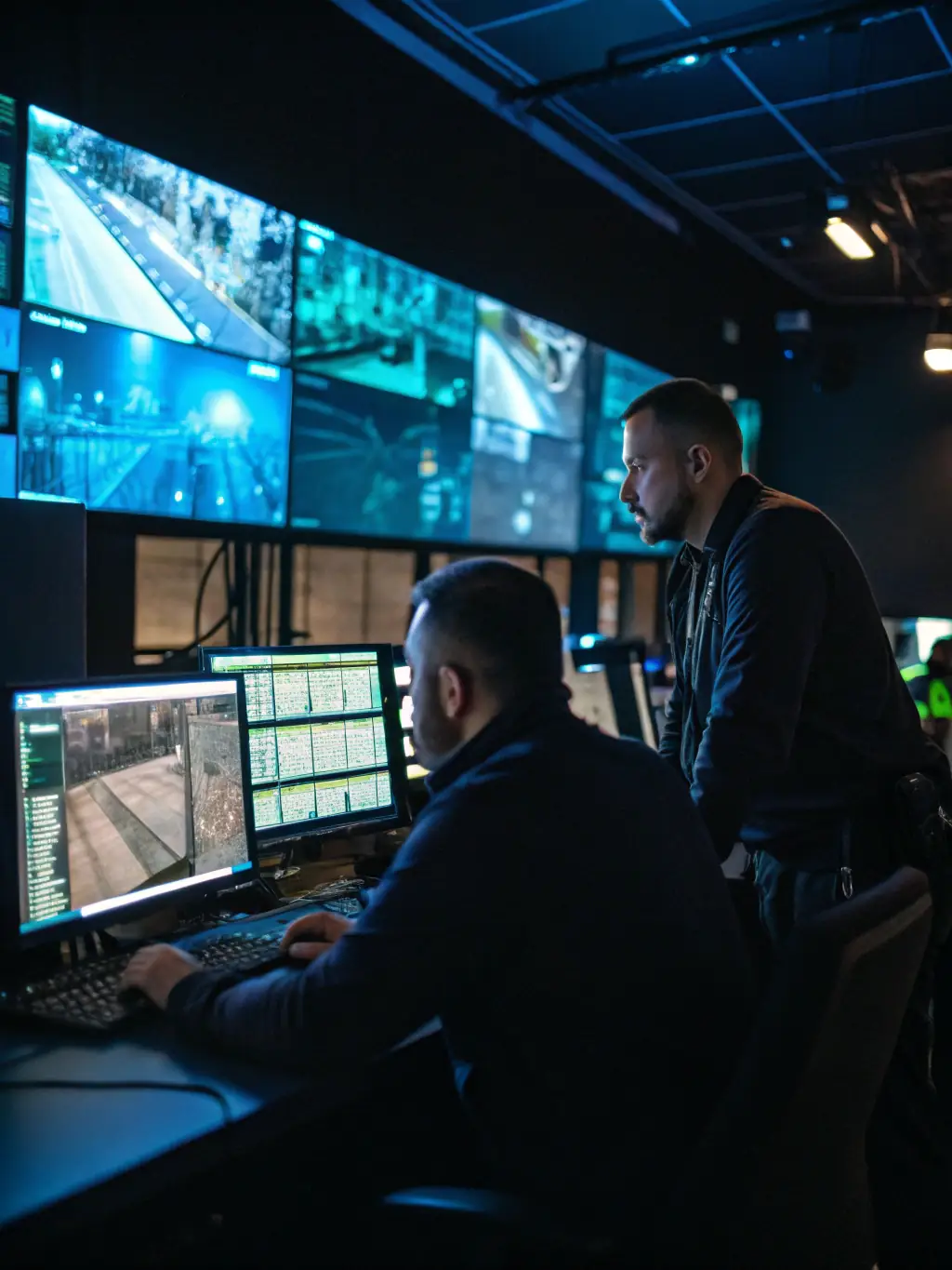 A security control room with multiple screens displaying live surveillance feeds and monitoring staff at work, showcasing Solid Security Pro's 24h Monitoring service.