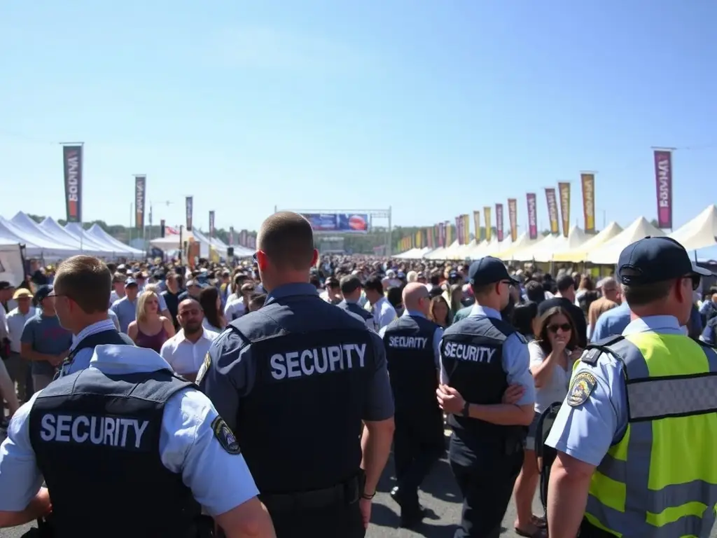 A security team managing crowd control at a corporate event, ensuring the safety and order of attendees.