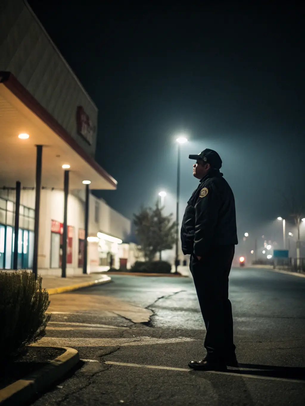A security guard standing watch outside a residential home at night, ensuring the safety and security of the property and its residents.