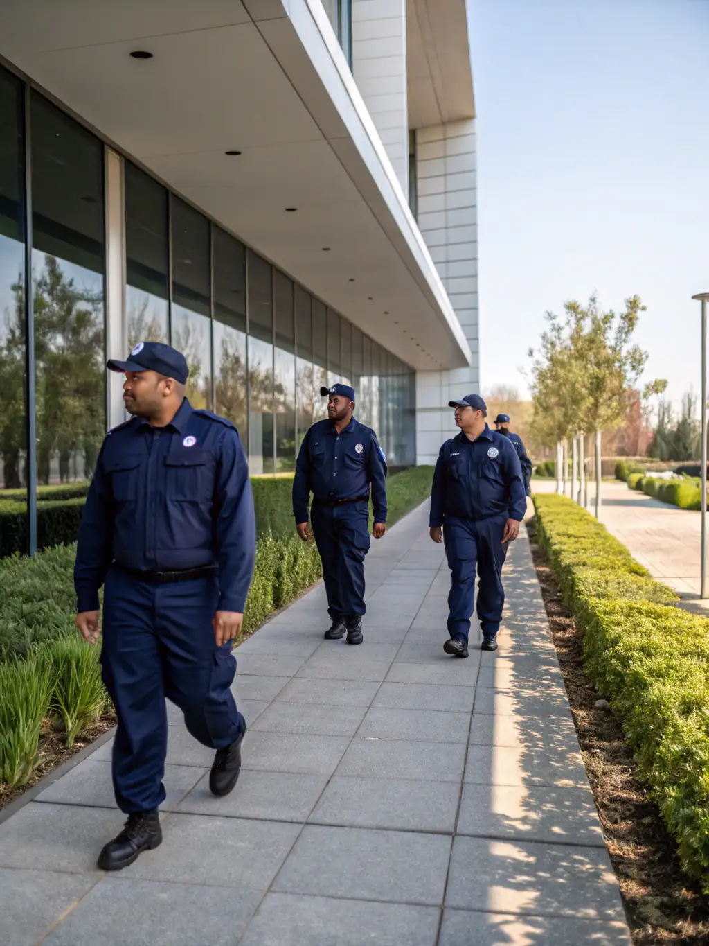 A team of security guards patrolling a commercial building at dusk, with surveillance cameras in the background, representing Solid Security Pro's Property Protection service.
